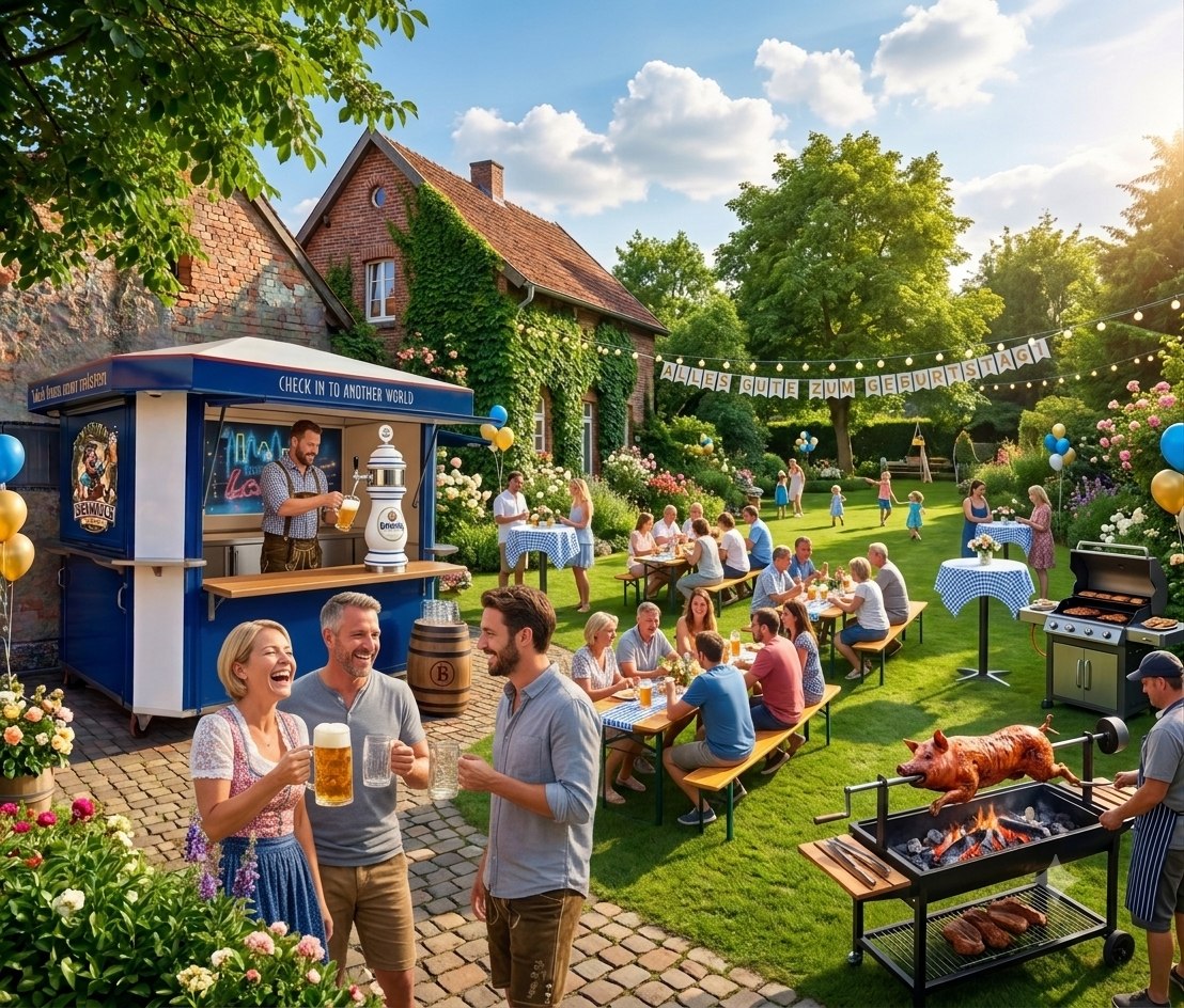 Sonniges Gartenfest mit Bierwagen, Lichterketten und Gästen im Raum Rheinmünster